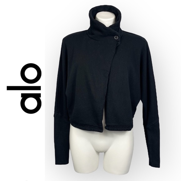 ALO Yoga Black Cropped Bolero Wrap Jacket Sweatshirt Cardigan Dolman Sleeves S - Picture 4 of 16